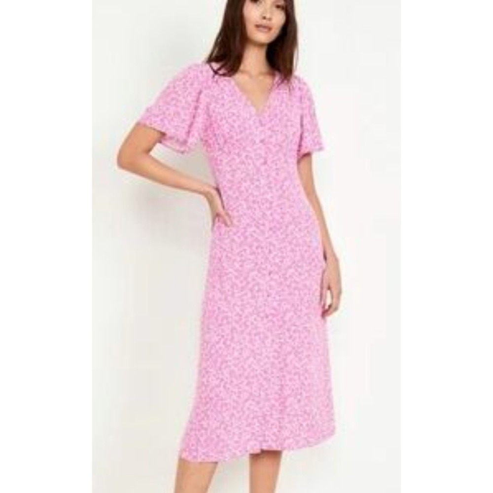 Old Navy Floral Midi Dress XL Pink Button Front Flutter Sleeve Boho Office Y2K - Picture 12 of 12